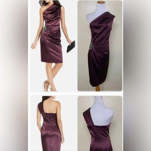 Eliza J One Shoulder Satin Stretch Formal Dress Size 6 Beaded Eggplant Purple